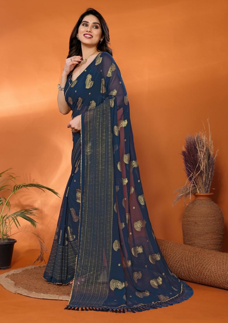 Morpeach Plain Georgette Saree Set - Indya