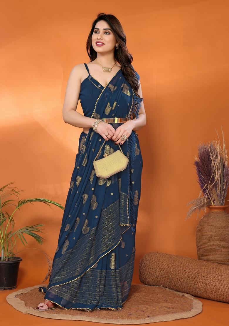 Morpeach Plain Georgette Saree Set - Indya