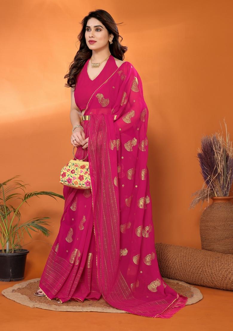 Pink Plain Georgette Saree Set - Indya