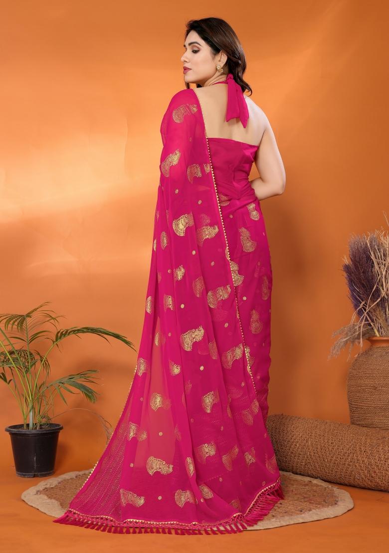 Pink Plain Georgette Saree Set - Indya