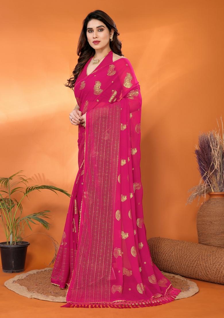 Pink Plain Georgette Saree Set - Indya
