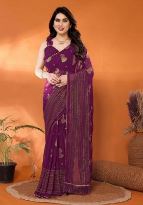 Wine Plain Georgette Saree Set