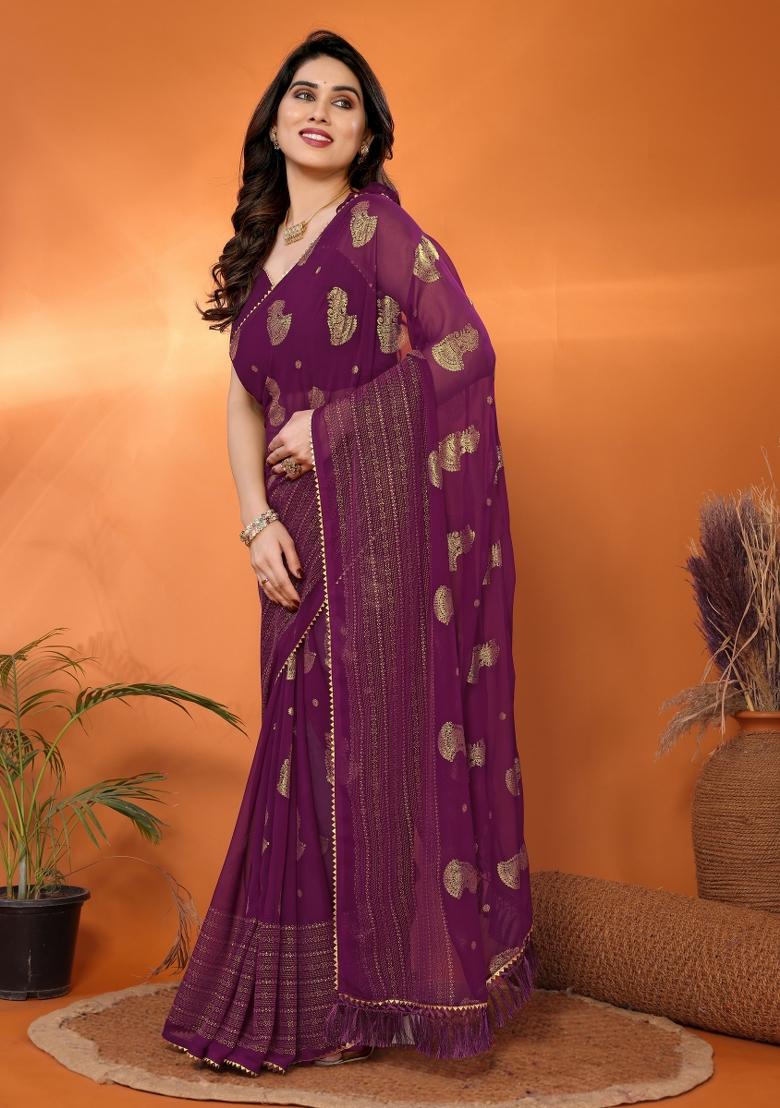Wine Plain Georgette Saree Set - Indya