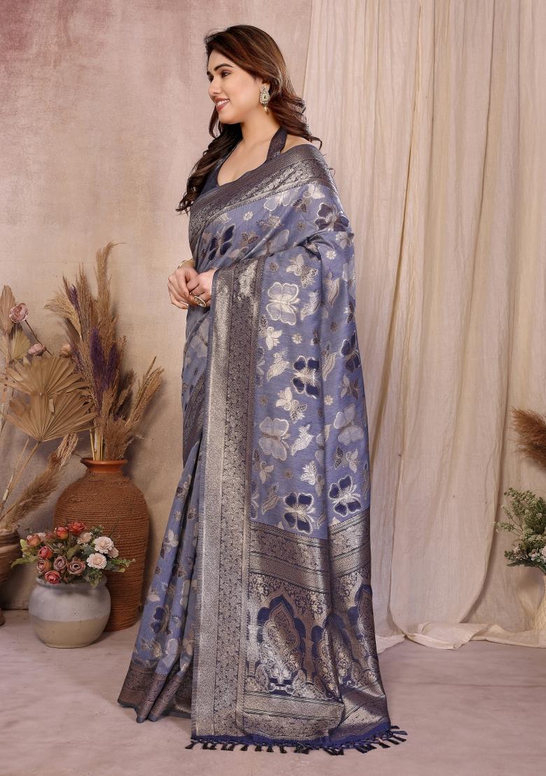 Blue Jacquard Cotton Saree Set - Indya