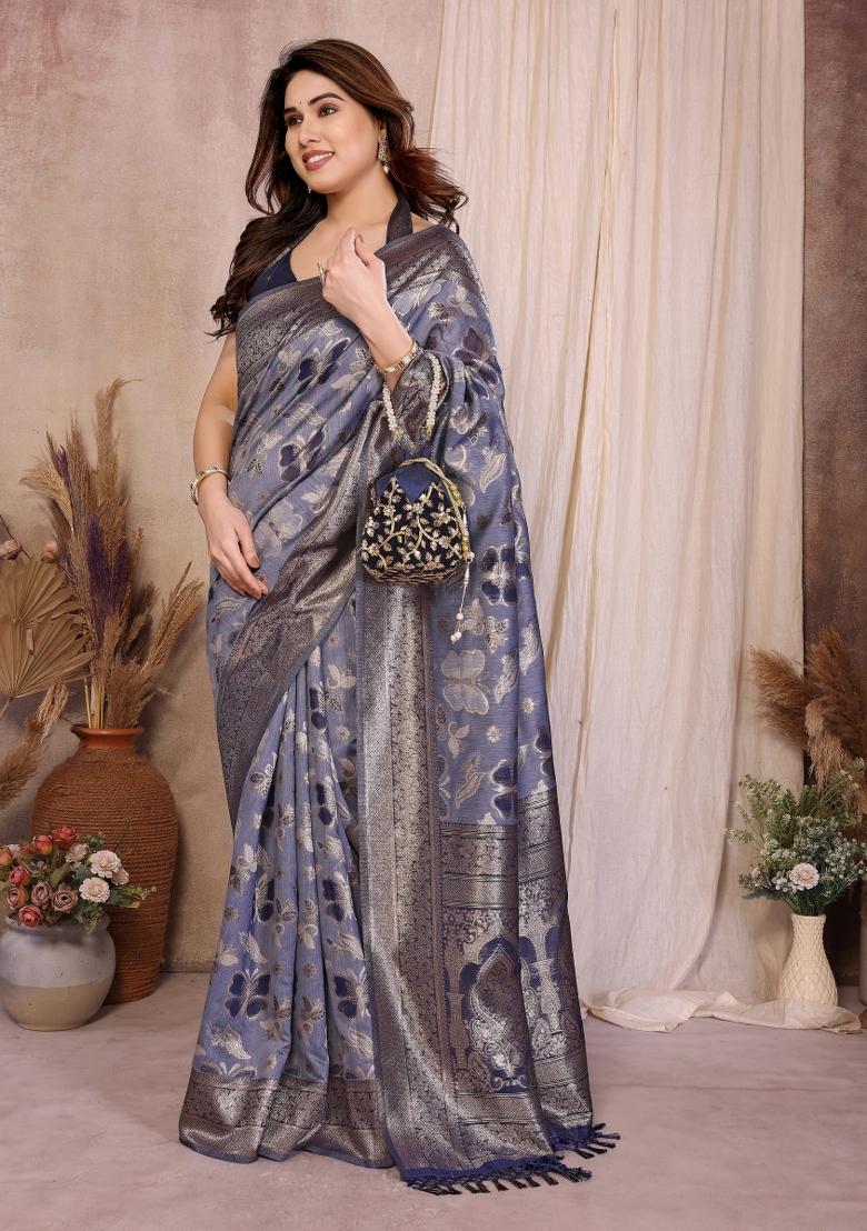 Blue Jacquard Cotton Saree Set - Indya