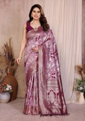 Purple Jacquard Cotton Saree Set