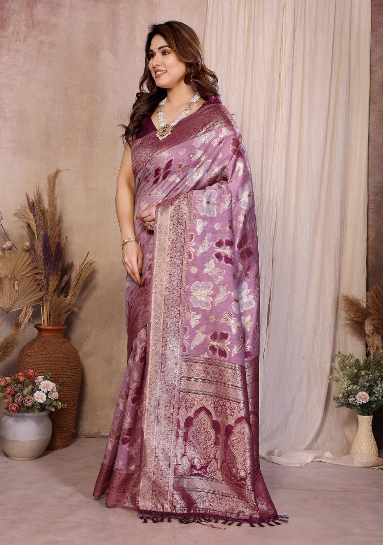 Purple Jacquard Cotton Saree Set - Indya