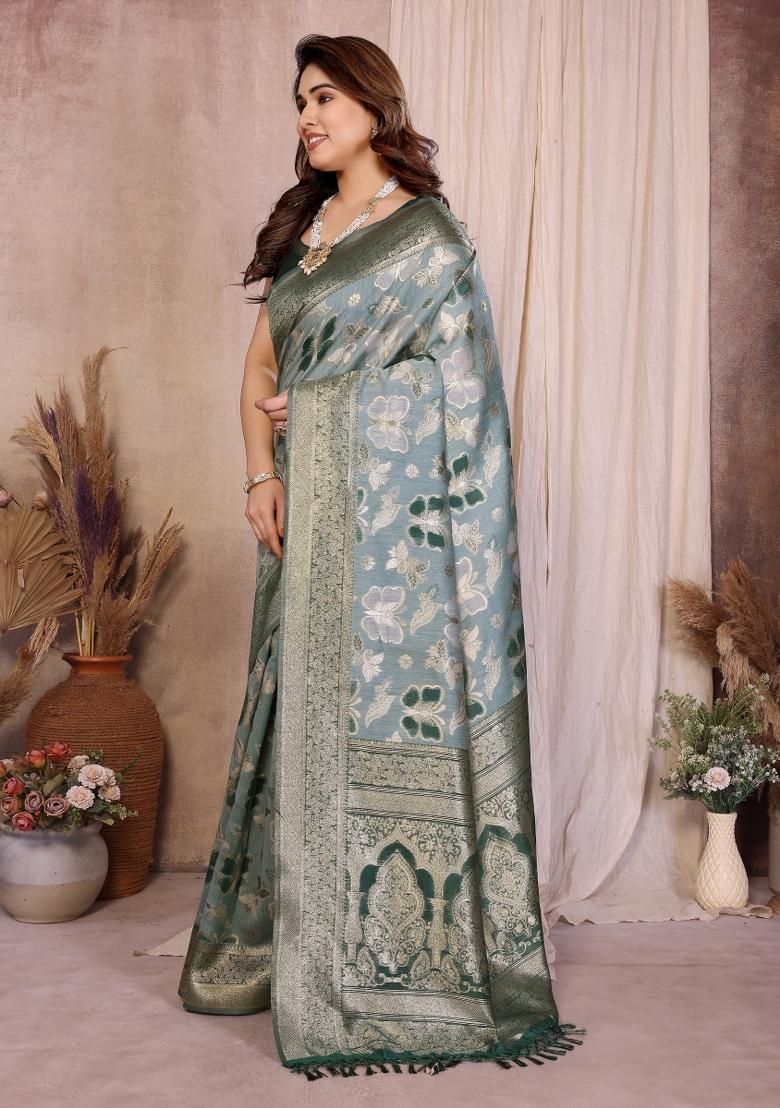 Green Jacquard Cotton Saree Set - Indya