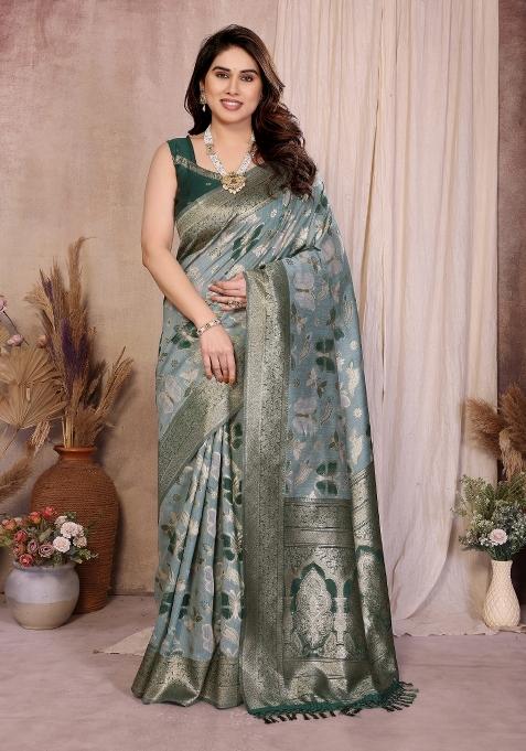 Green Jacquard Cotton Saree Set — view on Indya