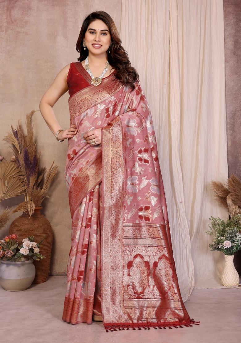 Red Jacquard Cotton Saree Set - Indya