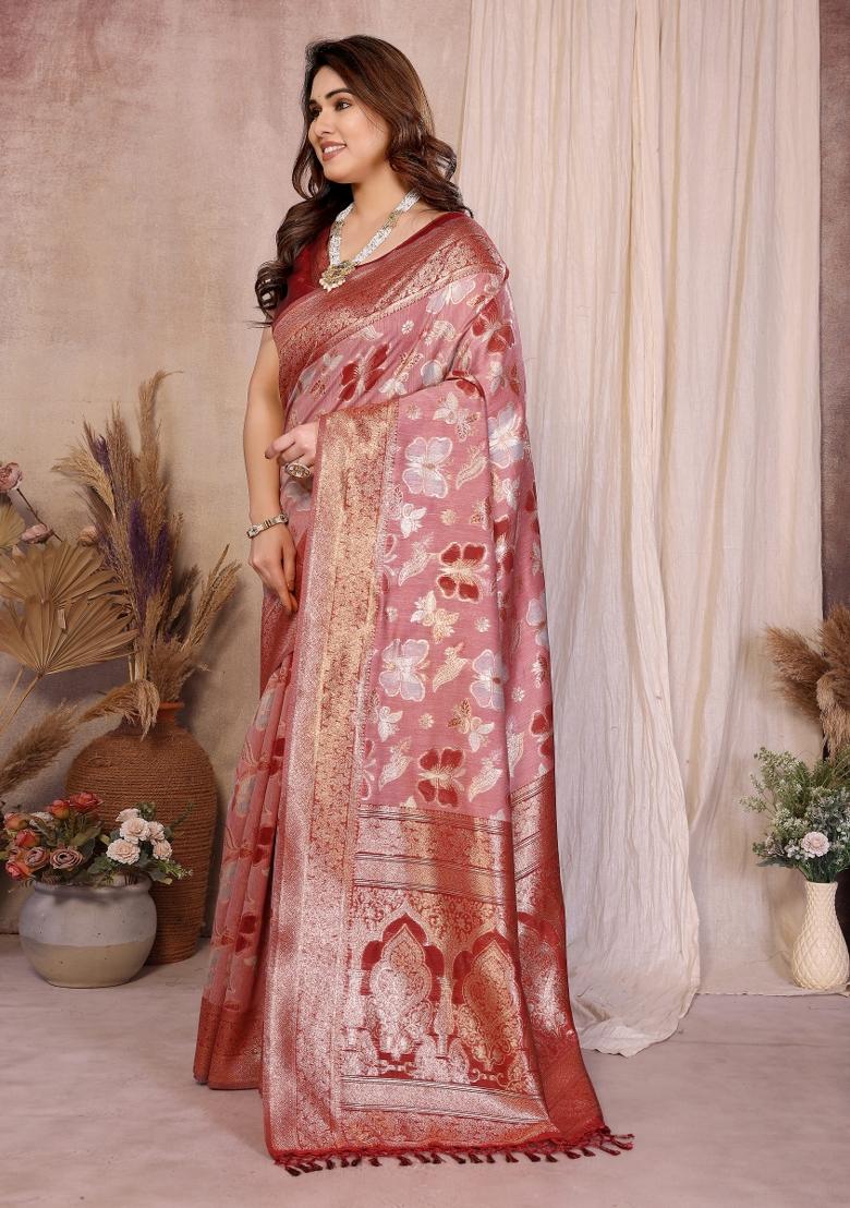 Red Jacquard Cotton Saree Set - Indya