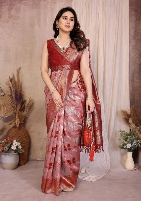 Red Jacquard Cotton Saree Set — view on Indya