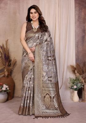 Brown Jacquard Cotton Saree Set