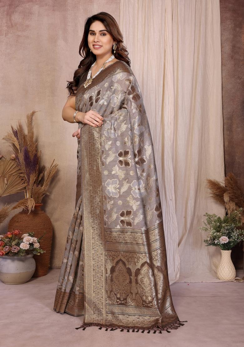 Brown Jacquard Cotton Saree Set - Indya