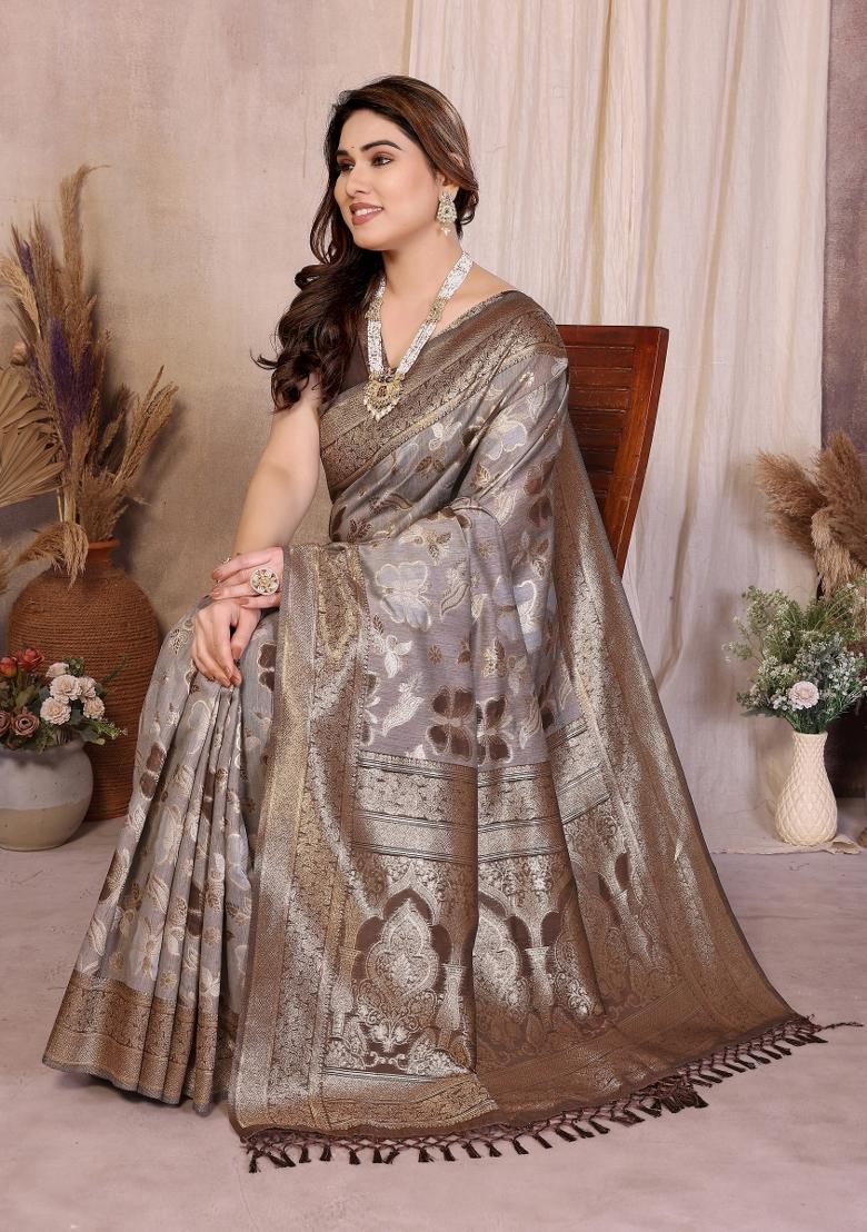 Brown Jacquard Cotton Saree Set - Indya