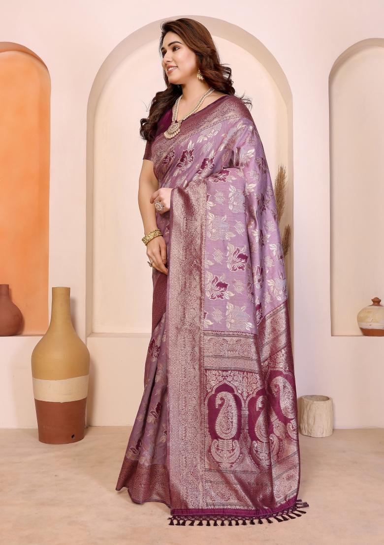 Purple Jacquard Cotton Saree Set - Indya