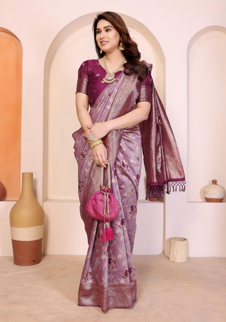 Purple Jacquard Cotton Saree Set - Indya