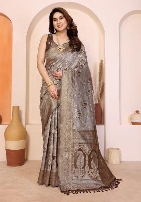 Brown Jacquard Cotton Saree Set