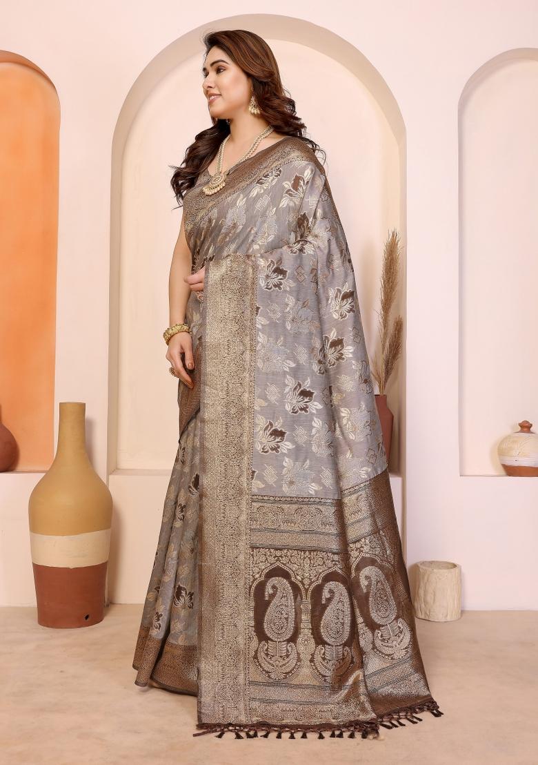 Brown Jacquard Cotton Saree Set - Indya