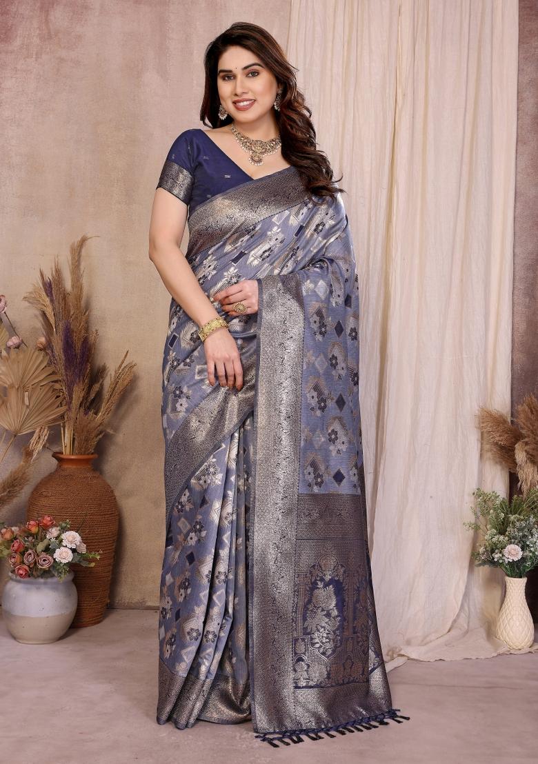 Blue Jacquard Cotton Saree Set - Indya
