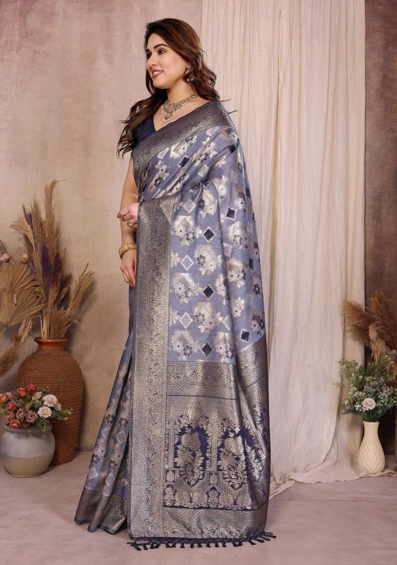 Blue Jacquard Cotton Saree Set - Indya