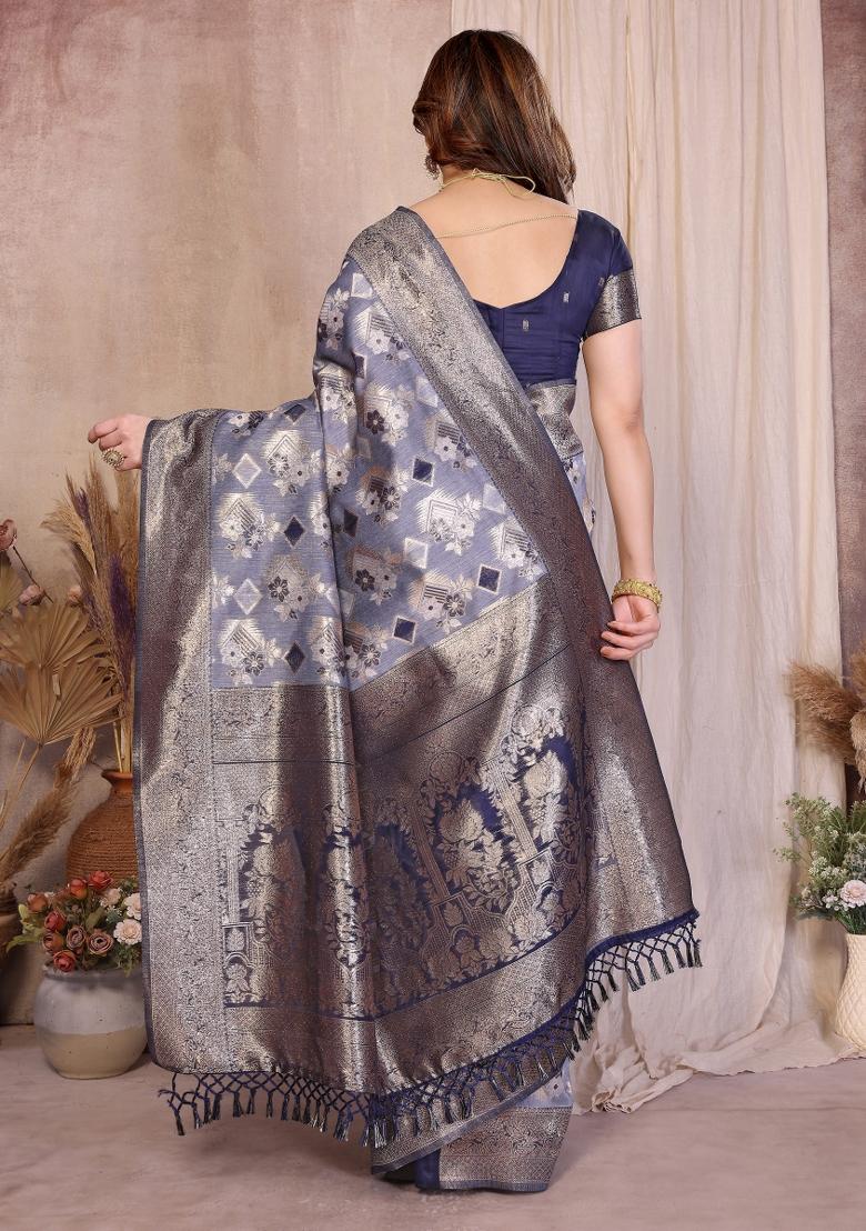 Blue Jacquard Cotton Saree Set - Indya