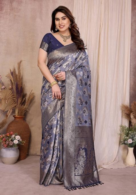Blue Jacquard Cotton Saree Set — view on Indya