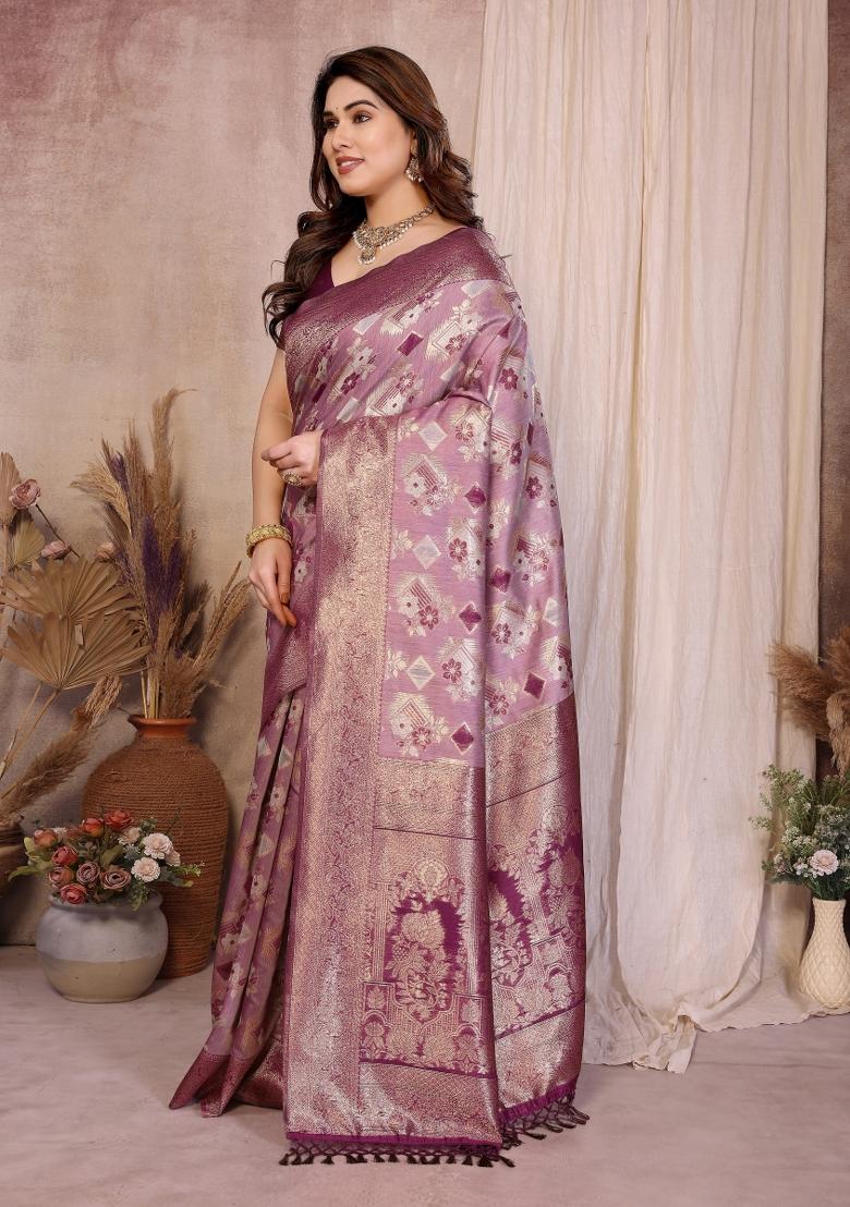 Purple Jacquard Cotton Saree Set - Indya