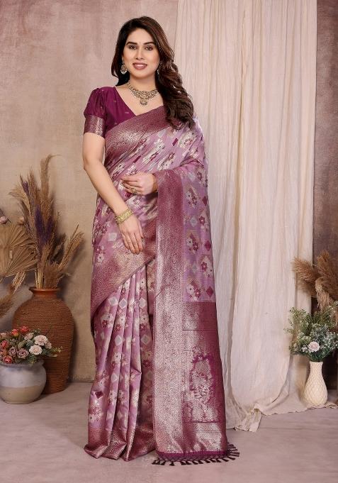 Purple Jacquard Cotton Saree Set — view on Indya