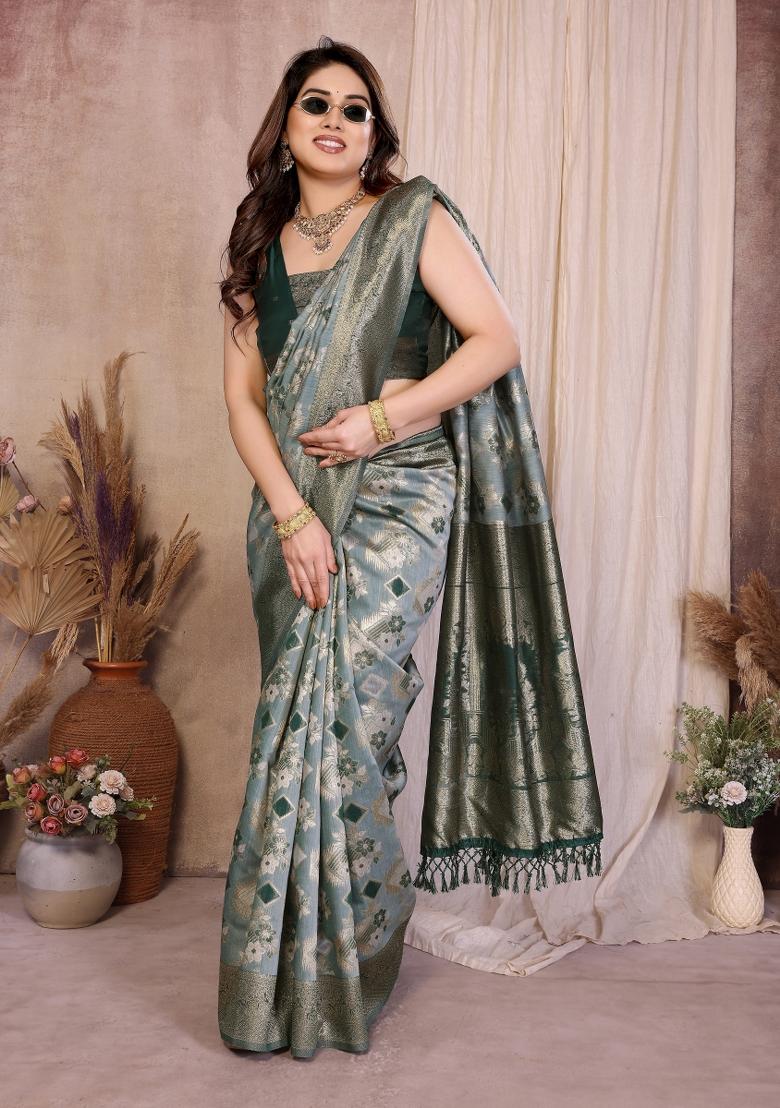 Green Jacquard Cotton Saree Set - Indya