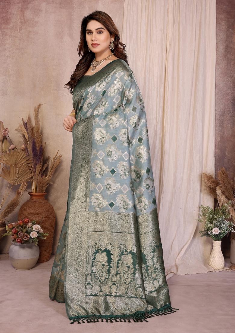Green Jacquard Cotton Saree Set - Indya