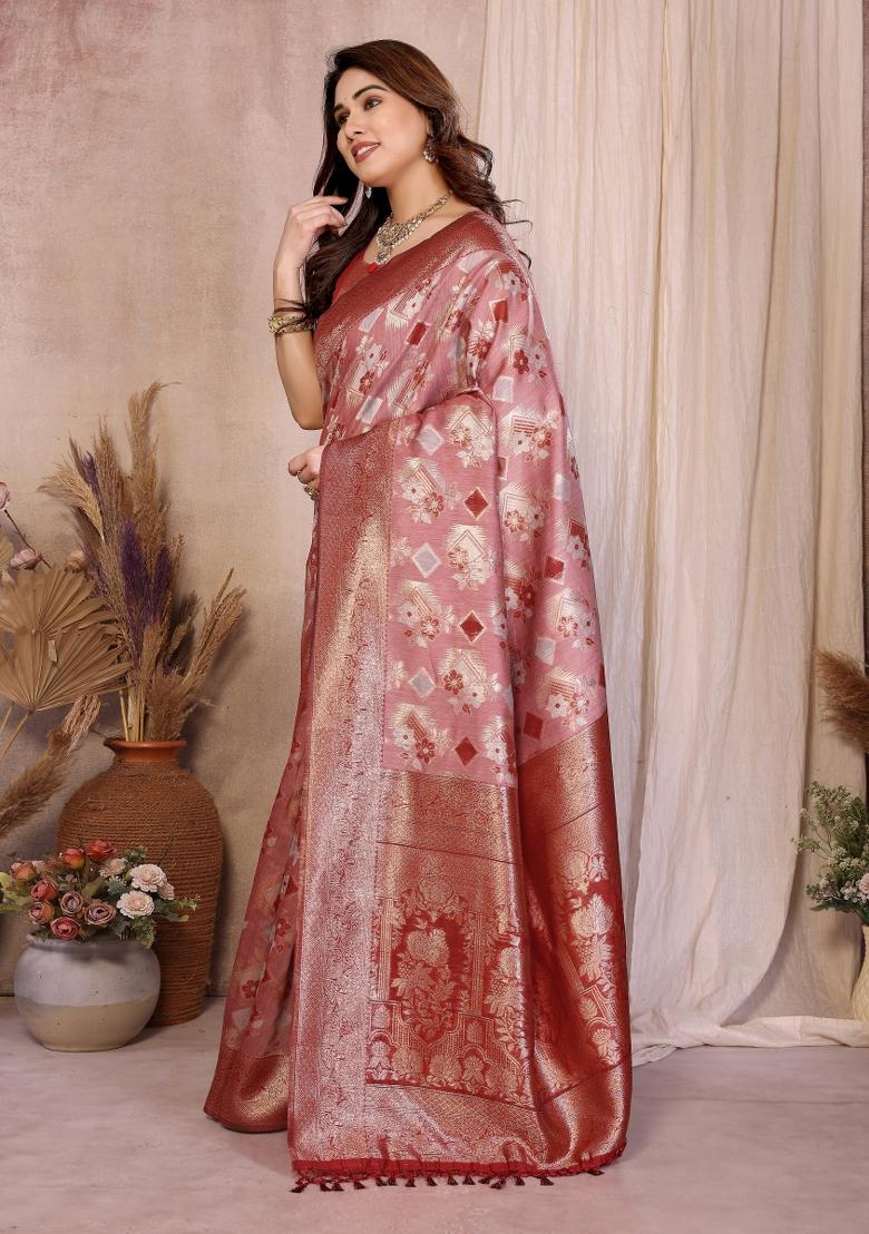 Red Jacquard Cotton Saree Set - Indya
