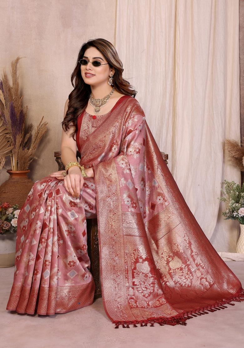 Red Jacquard Cotton Saree Set - Indya