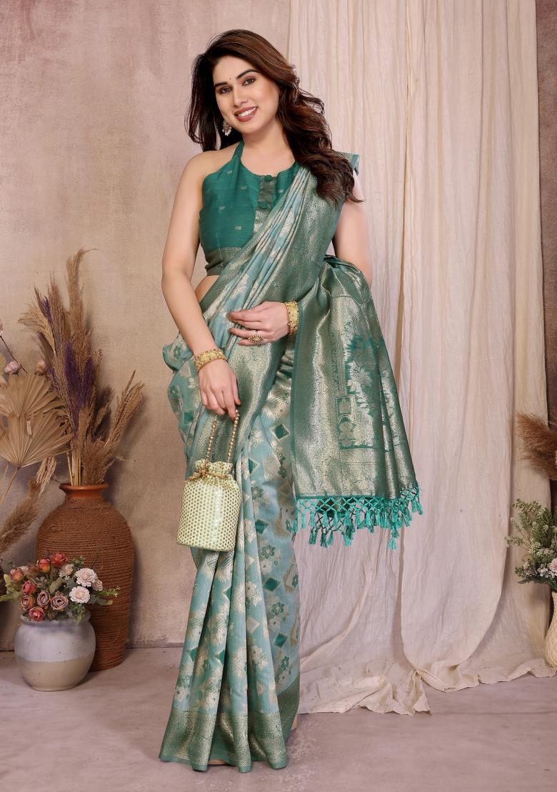 Rama Jacquard Cotton Saree Set - Indya