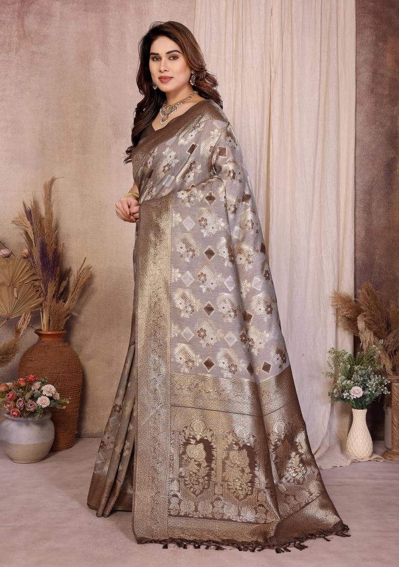 Brown Jacquard Cotton Saree Set - Indya