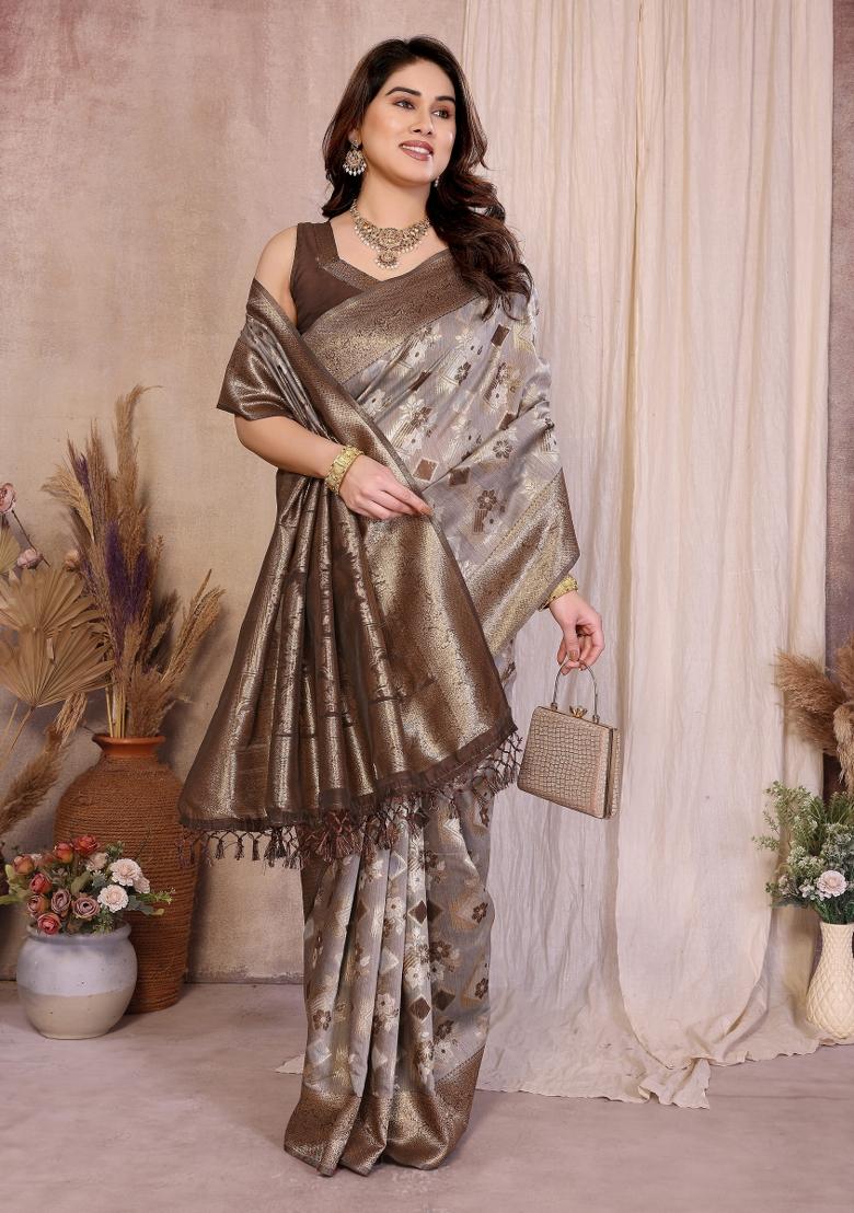 Brown Jacquard Cotton Saree Set - Indya