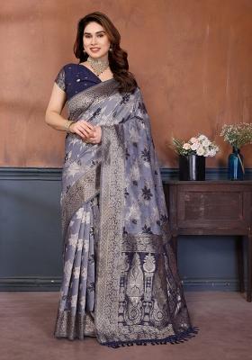 Blue Jacquard Cotton Saree Set