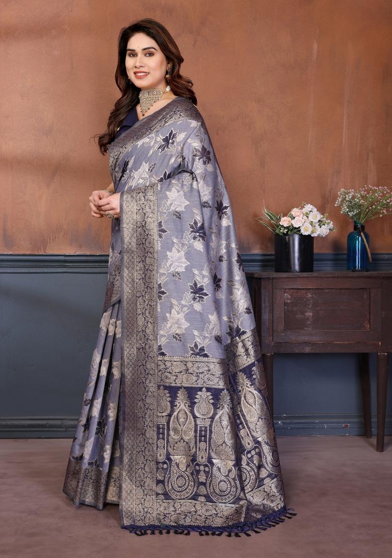 Blue Jacquard Cotton Saree Set - Indya