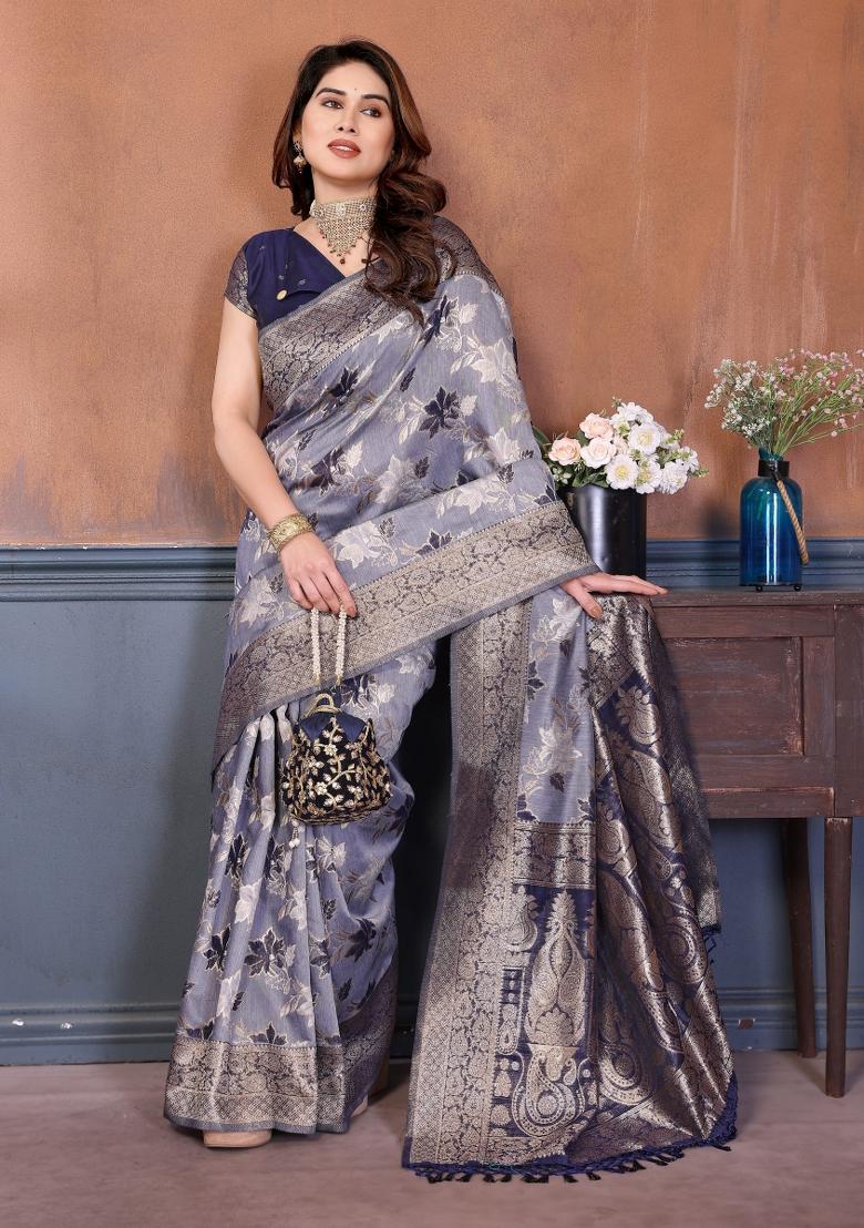 Blue Jacquard Cotton Saree Set - Indya