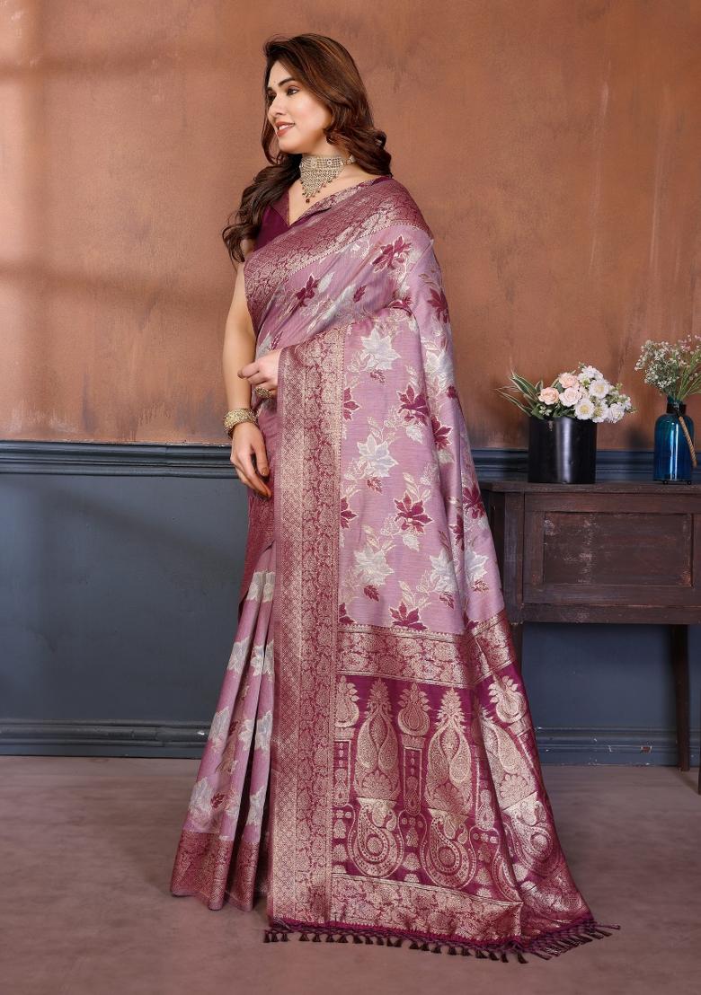 Purple Jacquard Cotton Saree Set - Indya