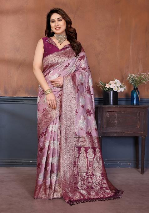 Purple Jacquard Cotton Saree Set