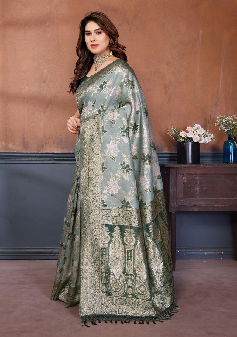 Green Jacquard Cotton Saree Set - Indya