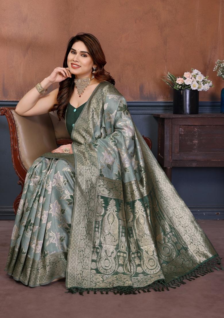 Green Jacquard Cotton Saree Set - Indya