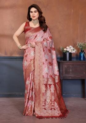 Red Jacquard Cotton Saree Set