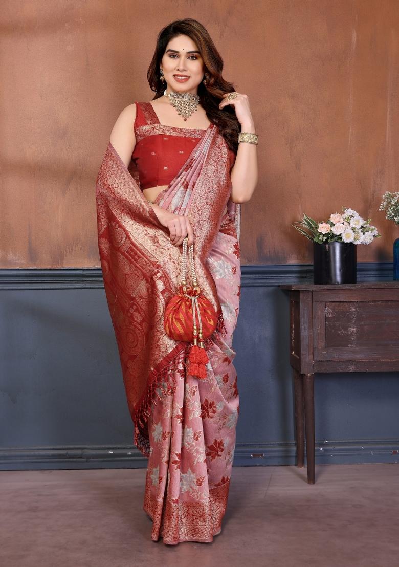 Red Jacquard Cotton Saree Set - Indya