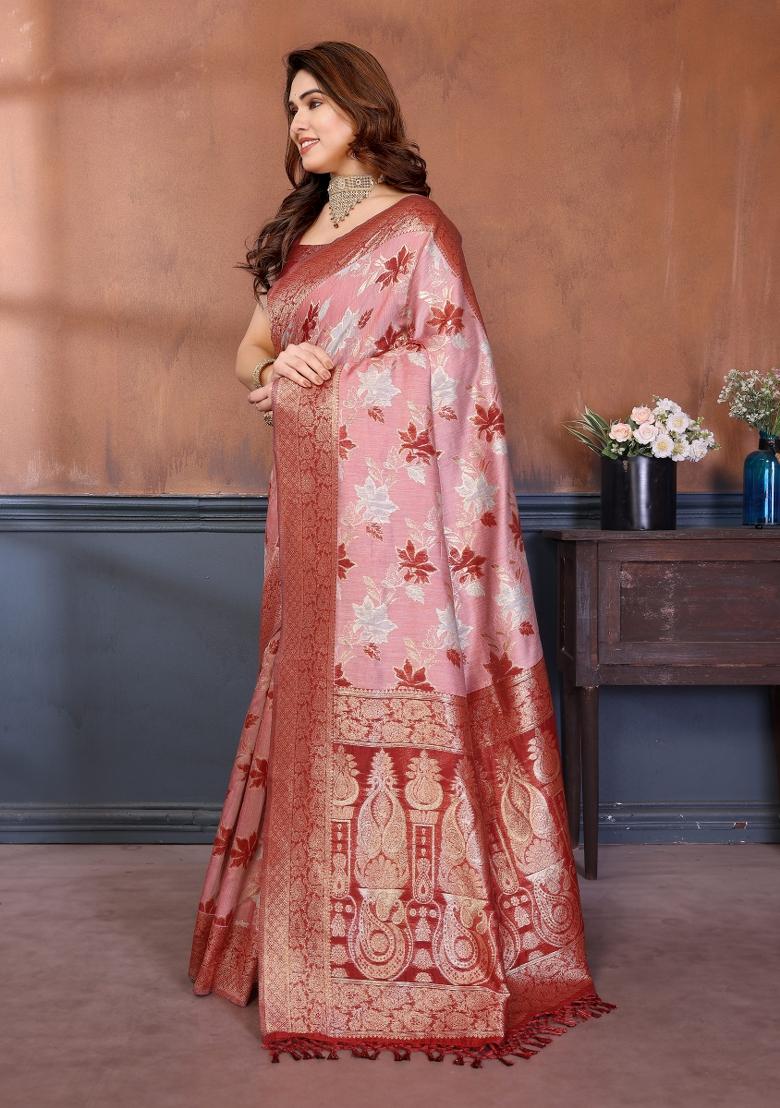 Red Jacquard Cotton Saree Set - Indya