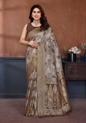 Brown Jacquard Cotton Saree Set