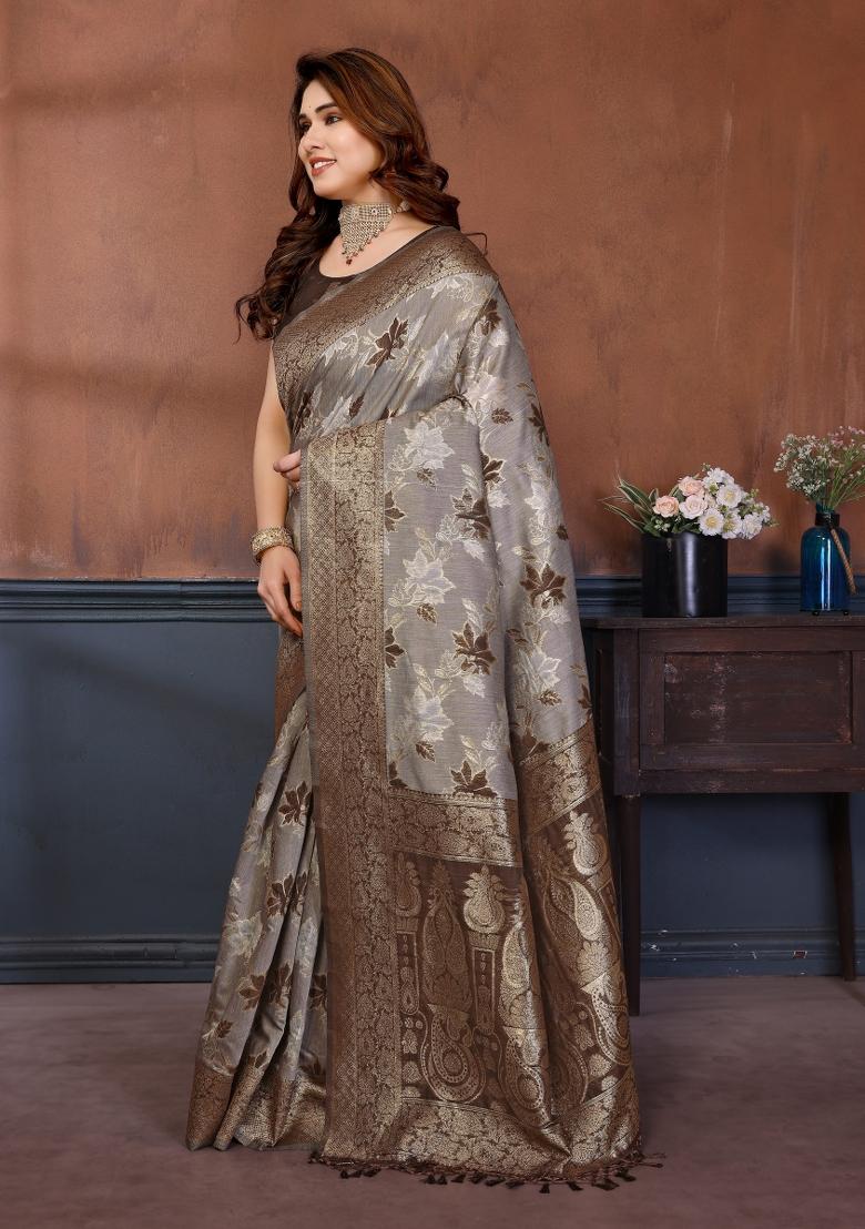 Brown Jacquard Cotton Saree Set - Indya