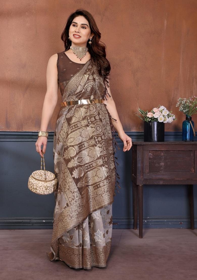 Brown Jacquard Cotton Saree Set - Indya