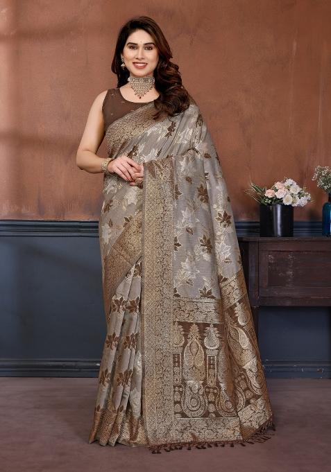 Brown Jacquard Cotton Saree Set